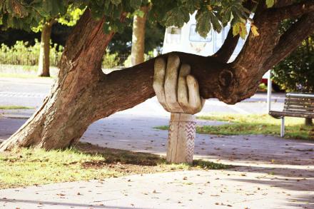 une main en bois soutien un tronc d'arbre